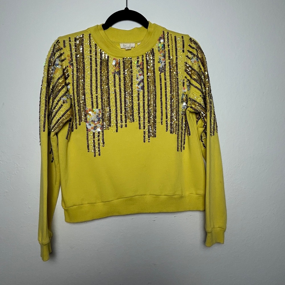 Let Me Be Anthropologie Yellow Sequin Embellished Sweatshirt XXS Crewneck Top